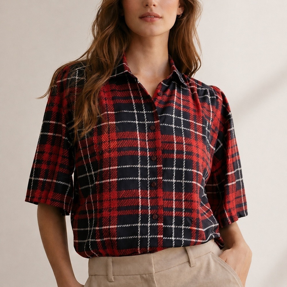 Diane Von Furstenberg Vintage 80s Red Plaid Button Front Blouse SZ Medium Preppy